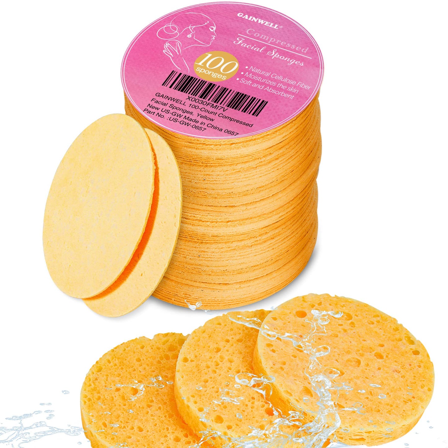 50-Count Compressed Facial Sponges for Daily Facial Cleansing and Exfoliating, 100％ Natural Cosmetic Spa Sponges for Makeup Remover, Reusable, Pink