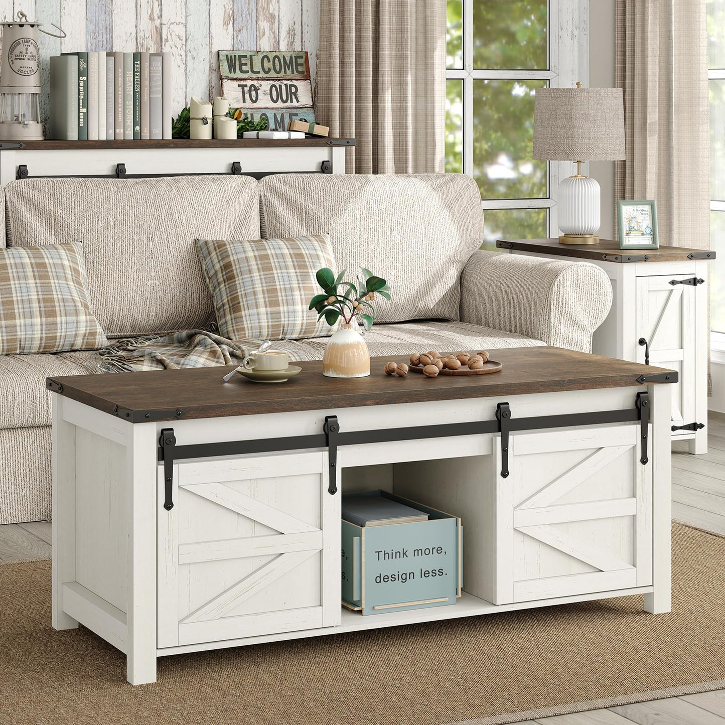 Furnihold 47.3'' Lift Top Coffee Table with Storage, Modern White Coffee Table with Sliding Barn Doors, Farmhouse & Rustic Rectangle Center Table for Living Room, Office, Brown Top