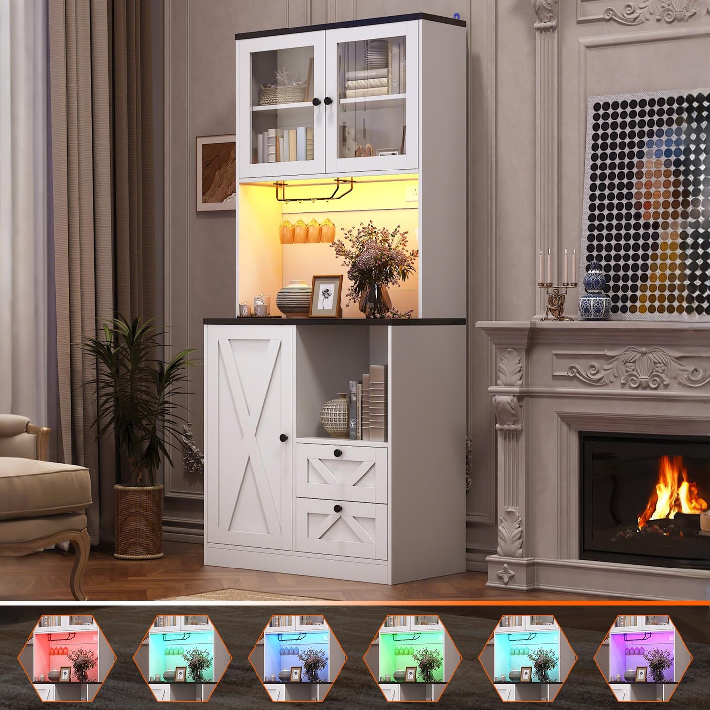 CBBPET 71" Tall Coffee Bar Cabinet with Storage Hutch, Farmhouse Kitchen Pantry Cabinet with LED Lights Microwave Stand and Glass Holder for Home Dining Room Kitchen,White