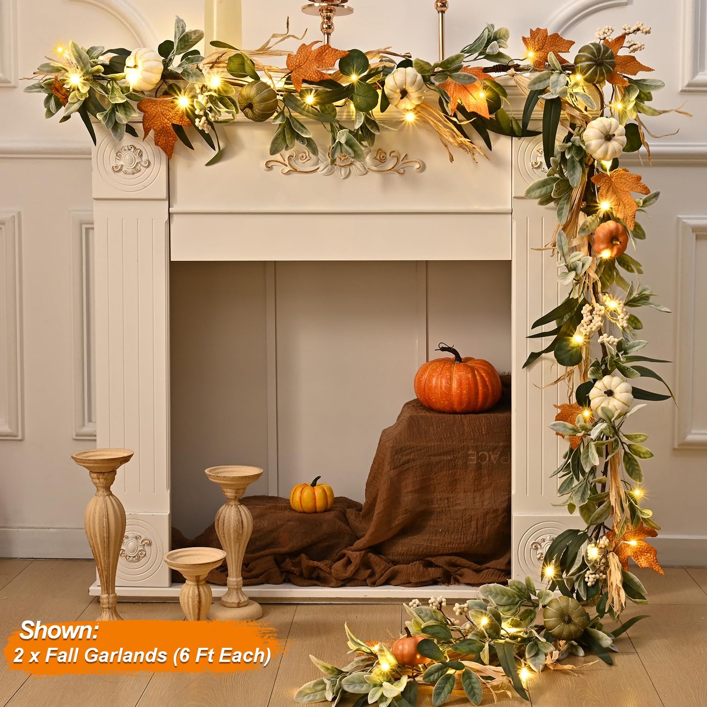 Fall Decor,Fall Garland for Mantel, 6 FT Fall Garland with Light, Lighted Autumn Garlands with Faux Lamb's Ear & Pumpkins, Thanksgiving Table Centerpiece, Fall Decorations for Home Porch Fireplace