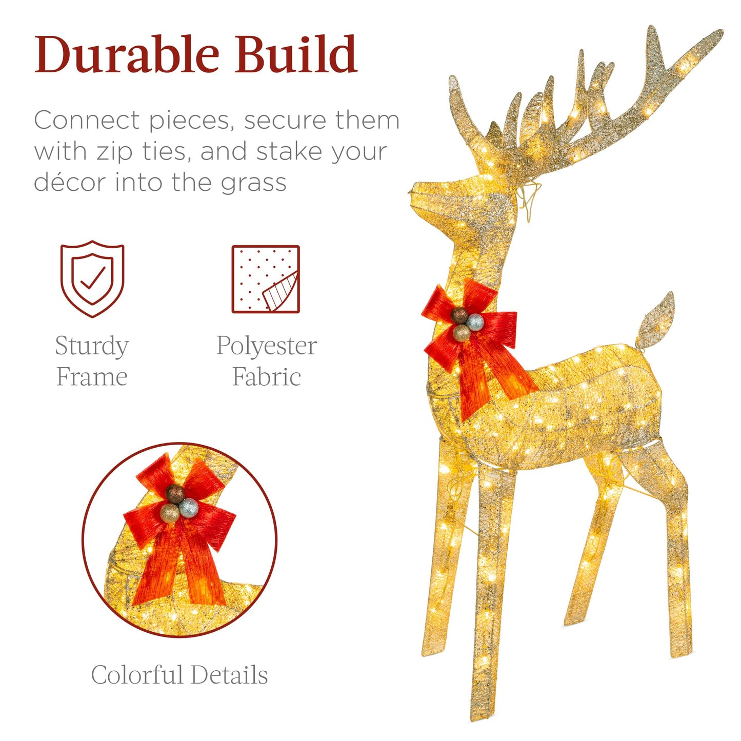 Best Choice Products Lighted Christmas 4ft Reindeer & Sleigh Outdoor Yard Decoration Set w/ 205 LED Lights, Stakes, Zip Ties - Gold