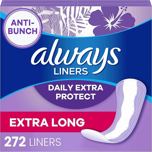 Always Anti-Bunch Xtra Protection, Panty Liners For Women, Extra Long Length, Unscented, 68 Count X 4 Packs (272 Count Total) (Packaging May Vary)