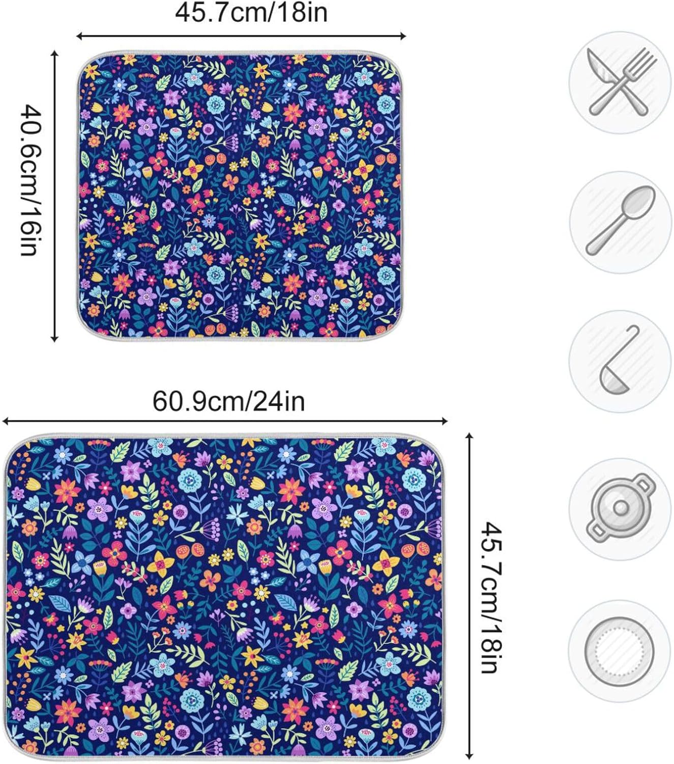Cute Floral Flowers Dish Drying Mat for Kitchen Counter Absorbent Microfiber Drying Pad, Medium 16x18 in, Reversible Drainer Mats
