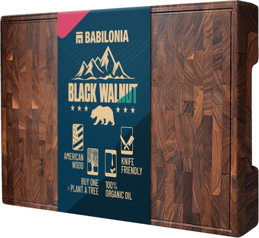 American Black Walnut Cutting Board (ExtraThick 1.7"), Premium Quality & Professional Butcher Block. Heavy Duty End Grain Wood Chopping Board 19.7"L x 12.2"W (Oil bottle & Plate included)
