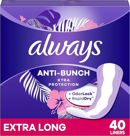 Always Anti-Bunch Xtra Protection Daily Liners Extra Long Unscented, Anti Bunch Helps You Feel Comfortable, 40 Count