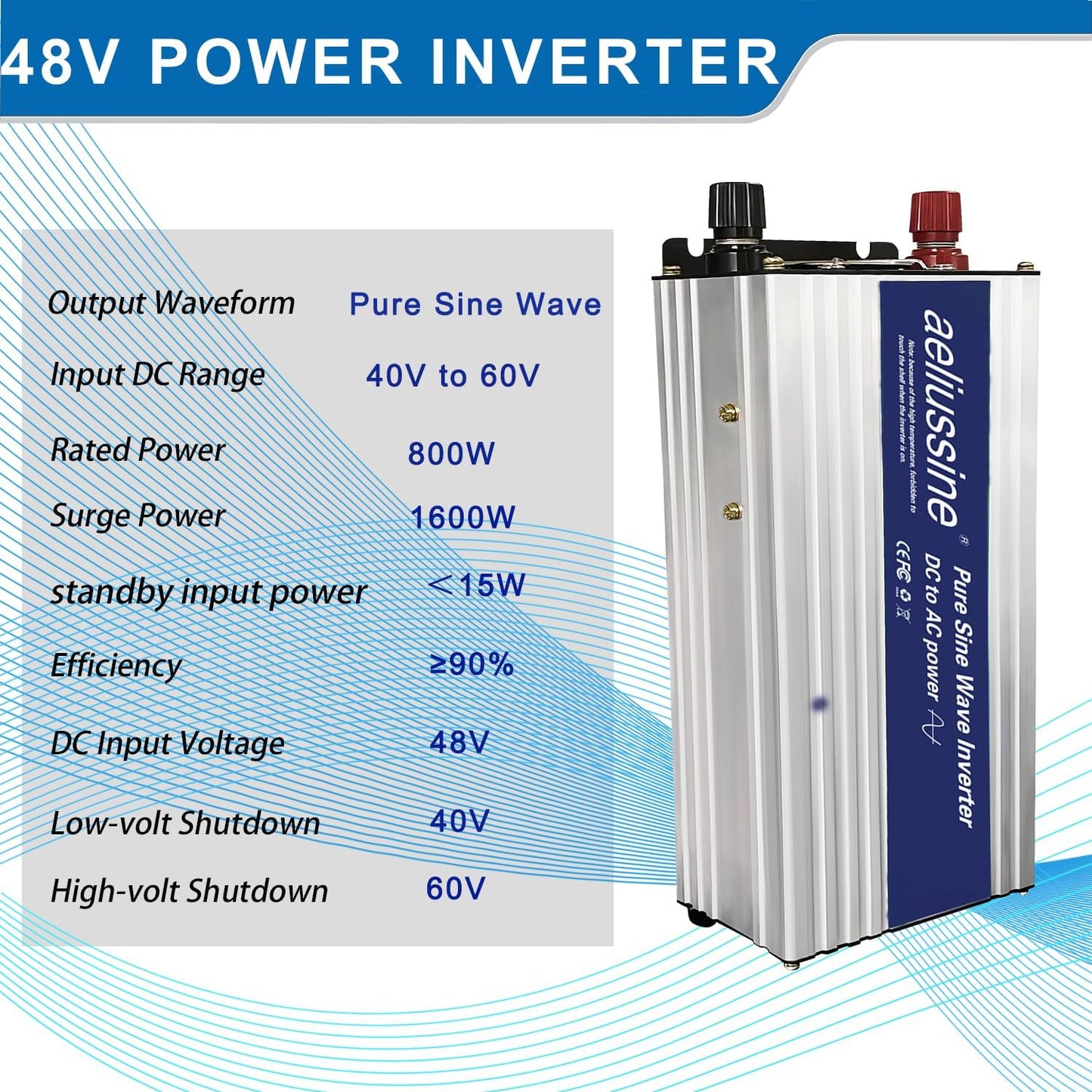 800W Pure Sine Wave Inverter-48V DC to 110V 120V AC Power Converter with 2 AC Outlets, 48 Volt Power Inverter for Truck, Rv, Camping, Home, Emergency Power