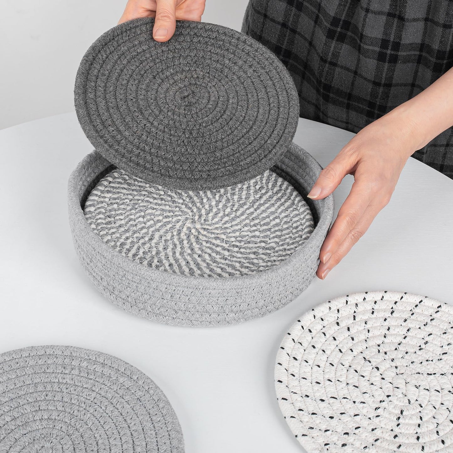 8" Trivets for Hot Dishes, Hot pots and Pans,6 Heat Resistant Hot Pads and Storage Basket 1 Pack,Pot Holders for Kitchen, Hot Plate Mats for Kitchen Countertops