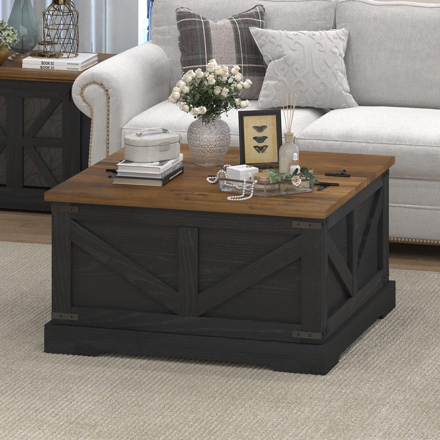 REVOMINCA Farmhouse Coffee Table with Hidden Storage Compartment, Black Square Coffee Table for Living Room, Wood Center Table with Hinged Lifting Tabletop for Home
