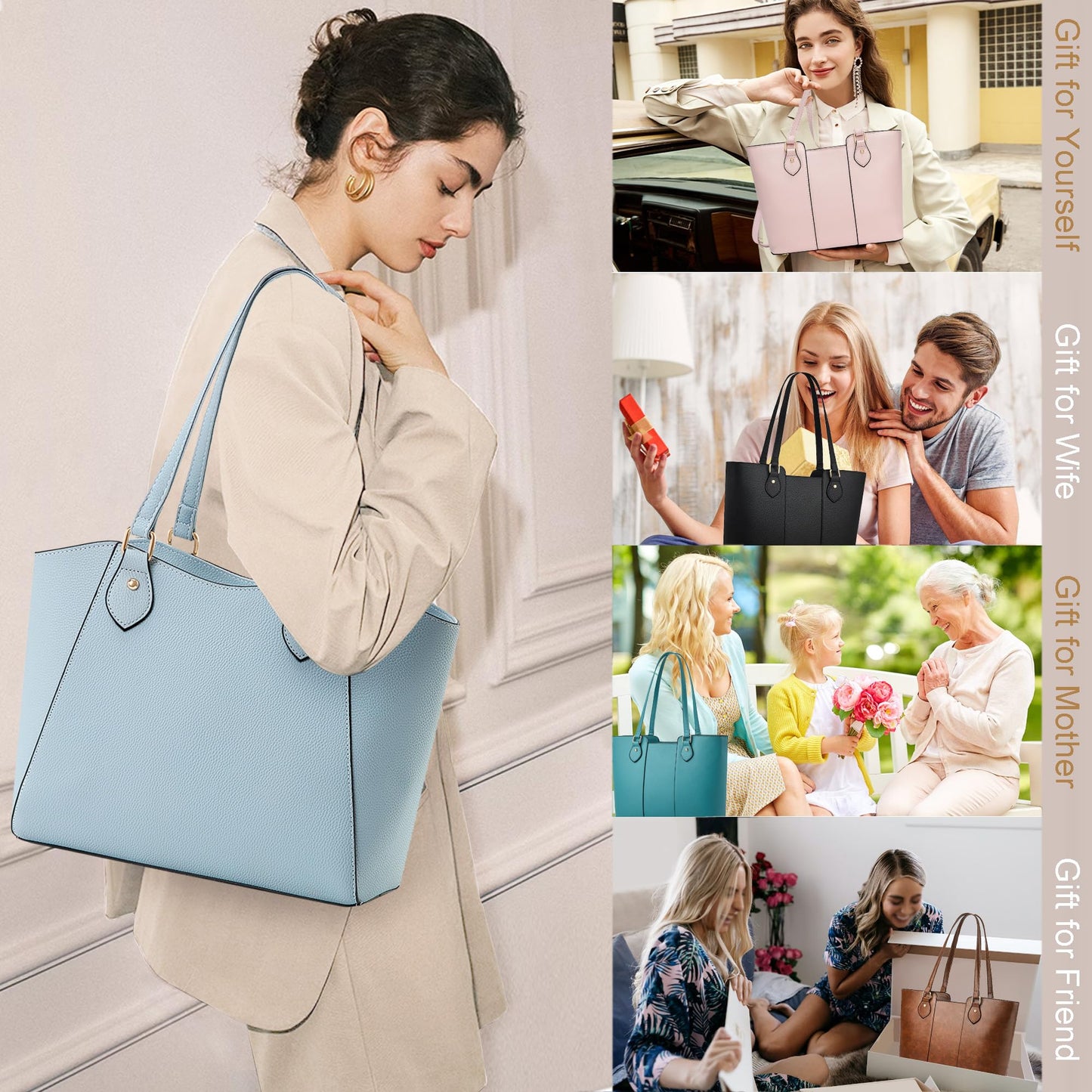 CHICAROUSAL Tote Bag for Women Large Handbags and Purses for Women PU Leather Womens Shoulder Bags (alz Light Blue YB)