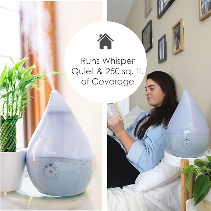 Crane Teardrop Ultrasonic Cool Mist Baby Humidifier for Nursery, Essential Oil Diffuser, Adjustable Settings, Auto Shut-Off, Grey, 0.5 Gallon