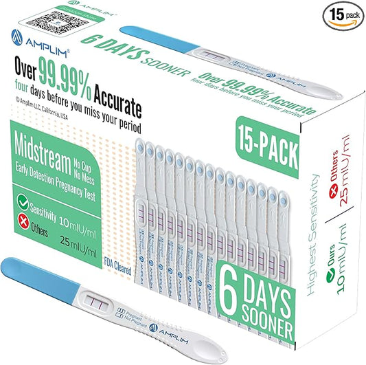 Amplim Pregnancy Test 15 Pack - Early Detection Pregnancy Test with 10 MIU/mL Sensitivity - Detects 6 Days Before Missed Period - FSA/HSA Eligible Home Urine Tests for Women