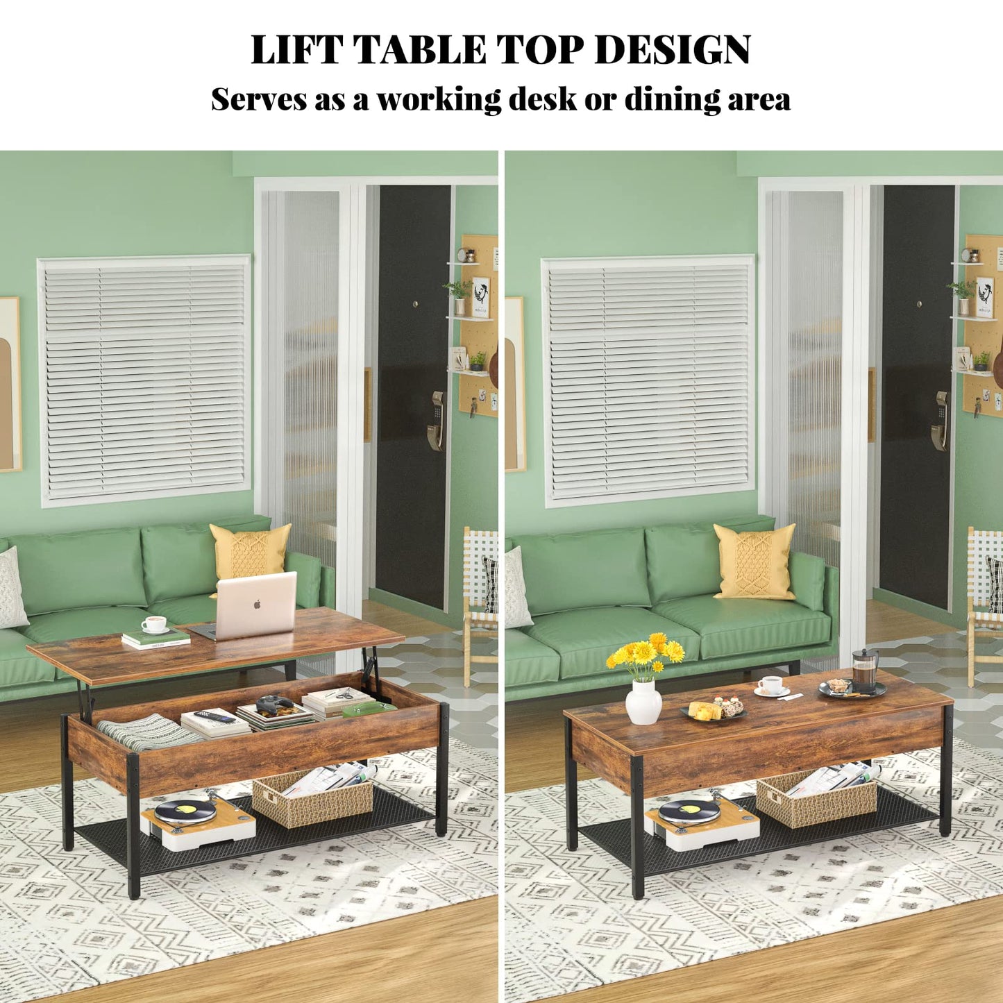 Homieasy Coffee Table, Lift Top Coffee Table with Storage Shelf and Hidden Compartment, Modern Lift Top Table for Living Room, Wood Lift Tabletop, Metal Frame - Rustic Brown