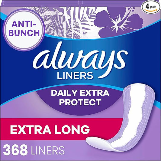 Always Daily Extra Protect Liners, Extra Long Length, Unscented Panty Liners, Feel Clean and Comfortable for up to 10 Hours, 92 Count x 4 Packs (368 Count Total) (Packaging May Vary)