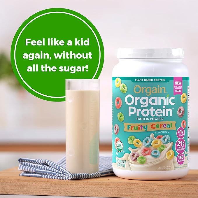 Orgain Organic Vegan Protein Powder, Fruity Cereal - 21g Plant Based Protein, Gluten Free, Dairy Free, Lactose Free, Soy Free, No Sugar Added, Kosher, For Smoothies & Shakes - 2.03 lb