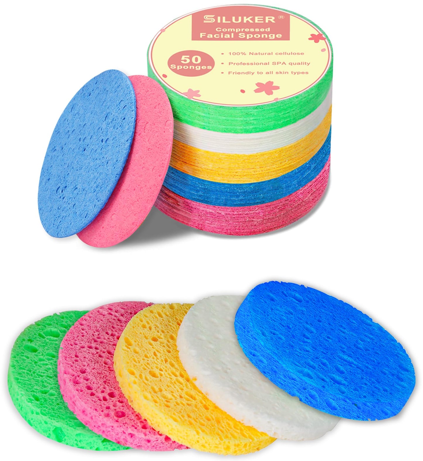 50-Count Compressed Facial Sponges for Daily Facial Cleansing and Exfoliating, 100% Natural Cosmetic Spa Sponges for Makeup Remover, Multicolors