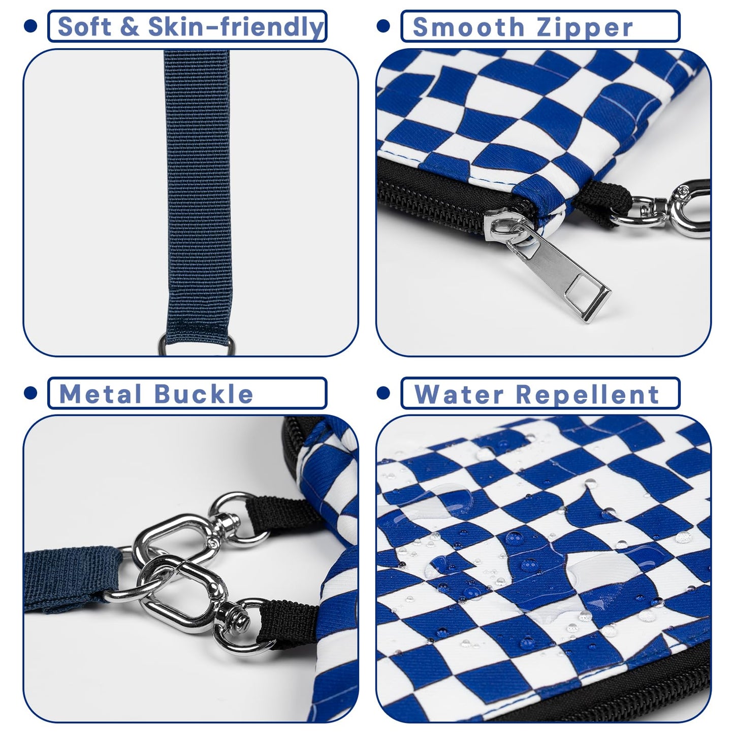 Chanoyu Printed Mini Zip Around Keychain Wristlet Wallet – Large Capacity Dual Pouch Detachable Coin Purse with Keychain, Fits Phone, Soft Nylon, Water-Resistant, Perfect for Daily Use (Blue Check)