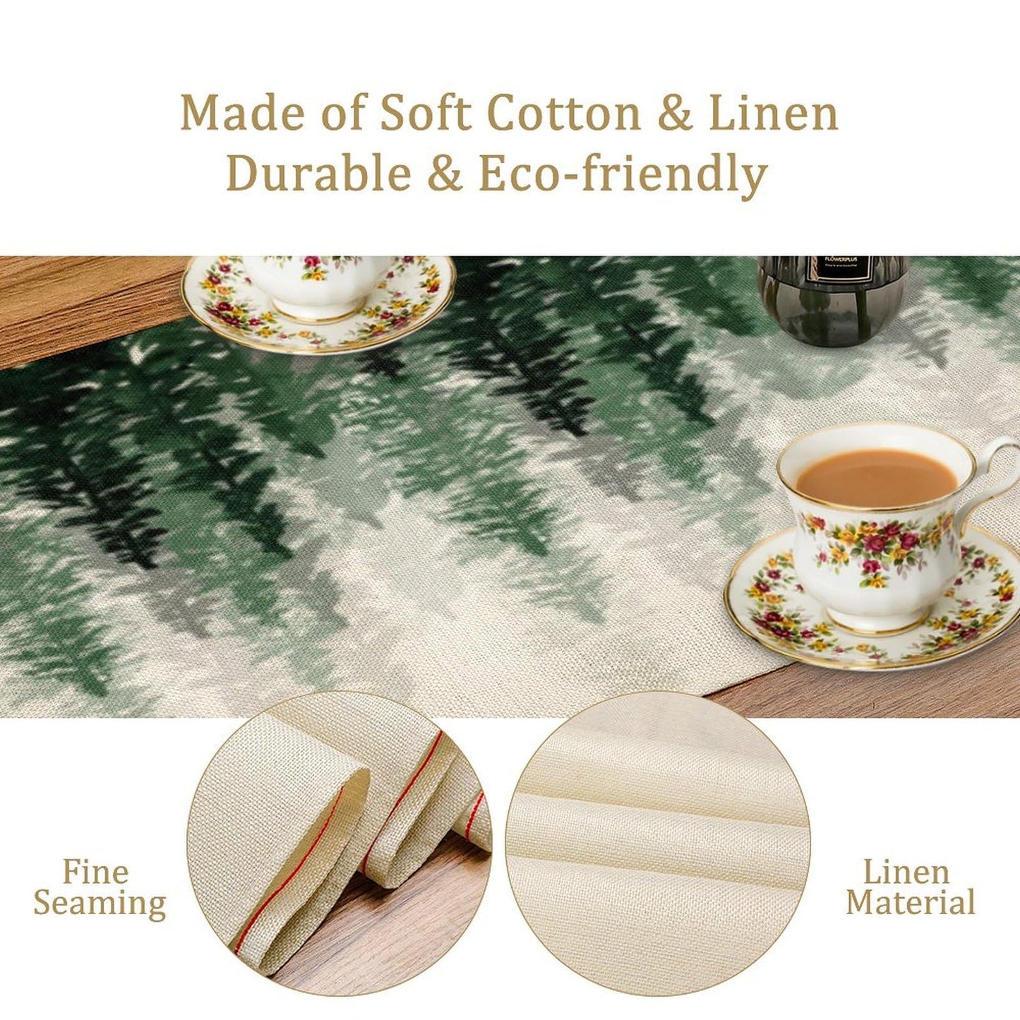 Green Forest Pine Trees Table Runner, Woodland Tabletop Scarf Home Kitchen Holiday Decor, Seasonal Farmhouse Rustic Dining Decorations Party Supply 13 X 60 Inch