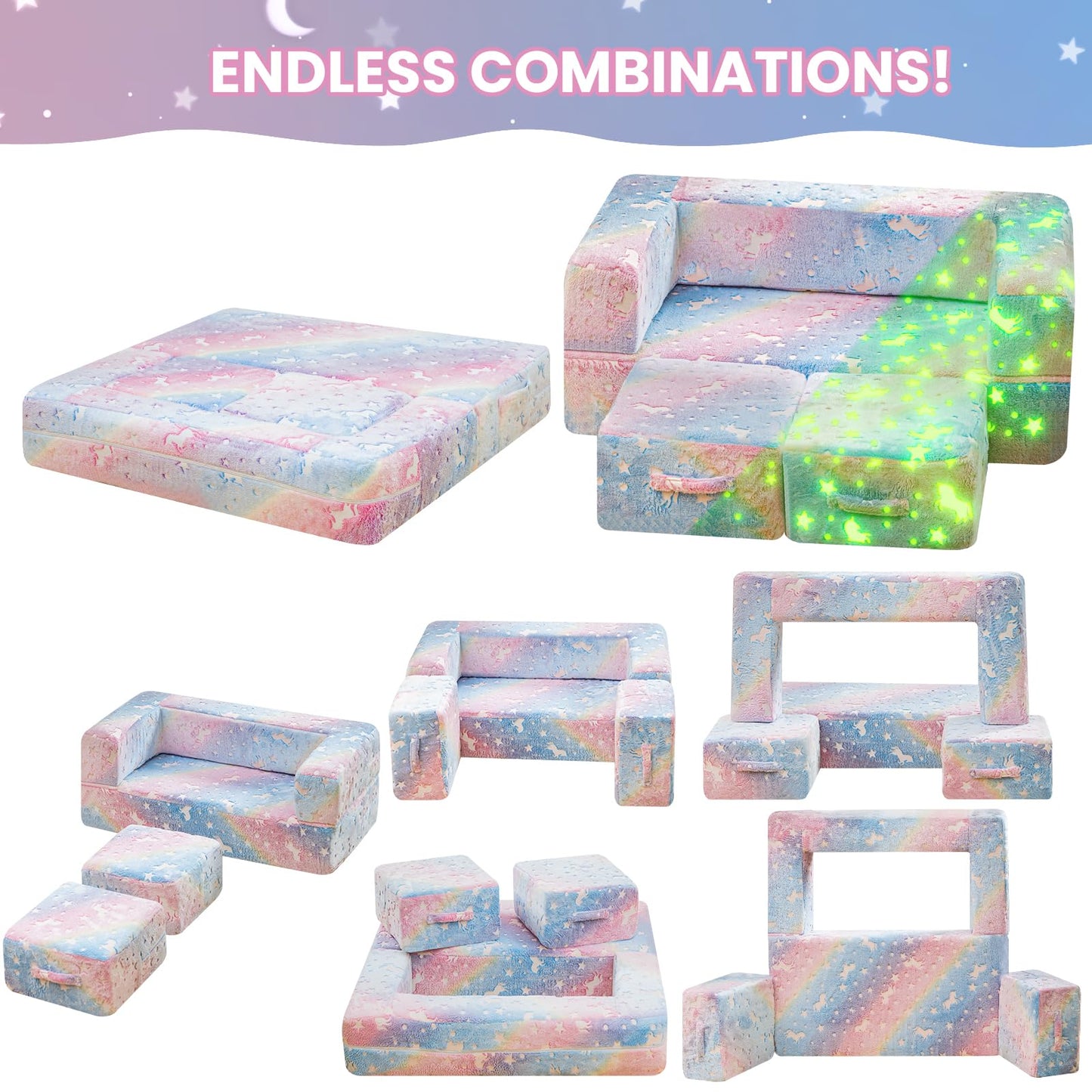 furlinkhm Modular Kids Play Couch, Glow in The Dark Kids Play Couch Toddler Couch,Kids Couch for palyroom, Convertible Baby Fold Out Play Foam and Floor Cushion for Bedroom (Rainbow+Unicorn)