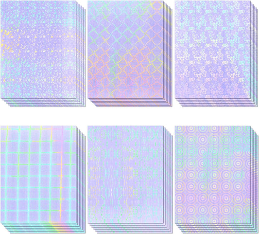36 Sheets Holographic Sticker Paper, Clear Vinyl Laminate Film for Stickers Self-Adhesive, Transparent Overlay Lamination Sticker Paper Waterproof, 6 Patterns-8.5x11 Inch