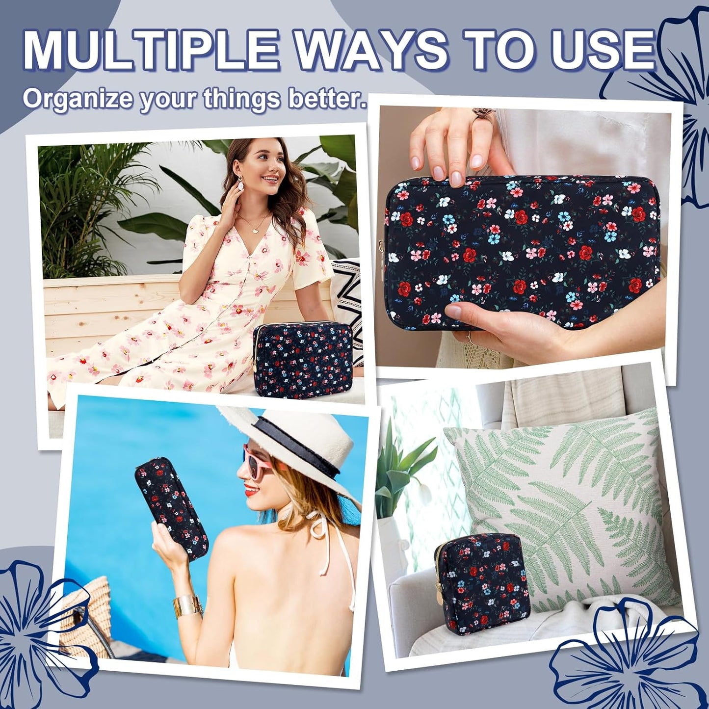Waterproof Small Floral Pencil Case Makeup Bag for Purse,Cute Flower Pencil Pouch Preppy Nylon Makeup Brush Holder with Zipper,Girls Portable Storage Case Pen Bag for Work(Slim Black-Flowers)