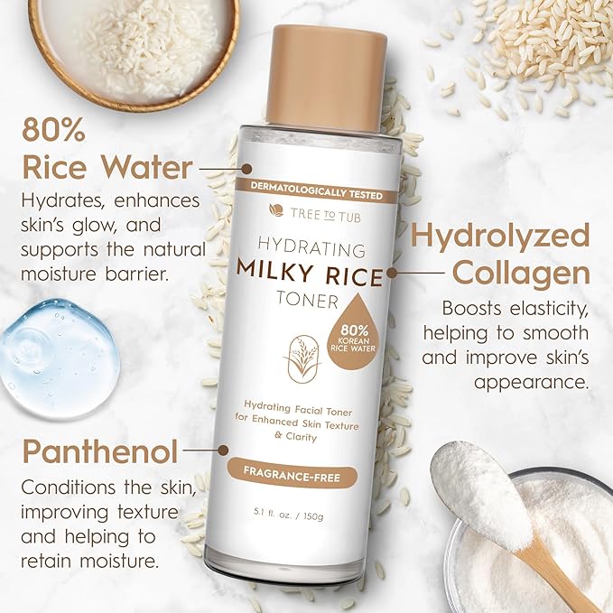 Tree To Tub Rice Toner Korean Formula for Face to Enhance Skin’s Natural Glow w/Ceramide NP & Niacinamide - 80% Rice Bran Water Hydrating Toner for Dry, Dehydrated Skin