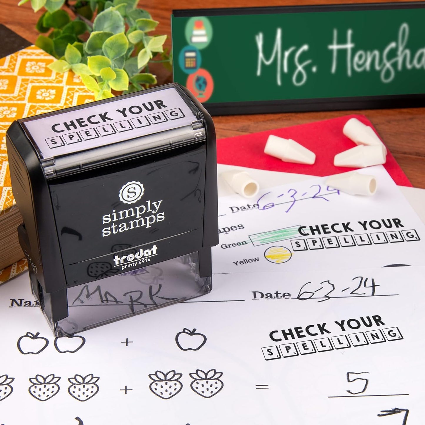 Custom Self-Inking Stamps | 49 Designs | Fun Phrases | Grading Made Easy | Classroom and Library Book Stamps (Check Your Spelling, Large)