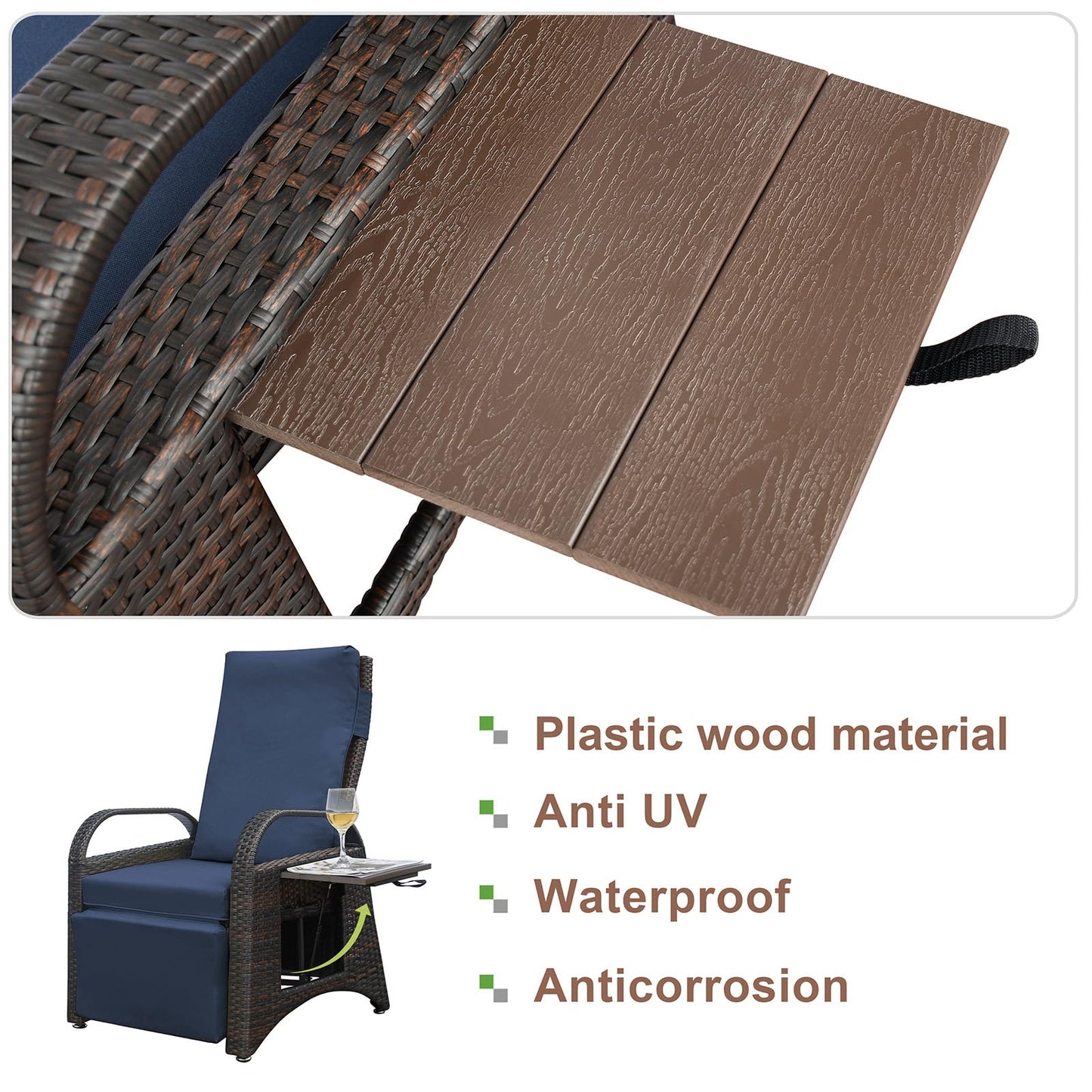 ATR ART TO REAL Outdoor Recliner Chairs, PE Wicker Reclining Lounge Chair with Removable Soft Cushion, Adjustable Outside Recliners for Patio, Porch, Poolside, Balcony, Lawn (Navy Blue, 1 PC)