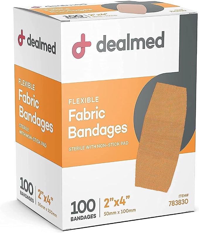 Dealmed Fabric Flexible Adhesive Bandages – 100 Count (24 Pack) Bandages with Non-Stick Pad, Latex Free, Wound Care for First Aid Kit, 2" x 4"