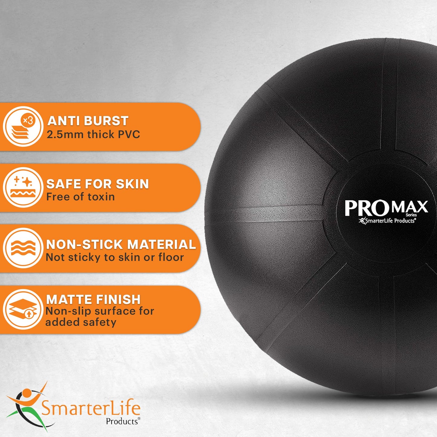 SmarterLife PRO MAX Exercise Ball for Stability Workout, Fitness, Pregnancy, Yoga, Pilates, Home Gym, Physical Therapy, Birthing, Balance Ball Chair (65 cm, Blue)