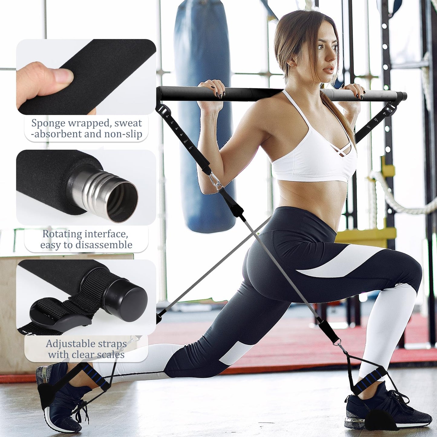 Pilates Bar Kit with 3 Set Resistance Bands, Multifunctional Pilates Workout Equipment for Women Men, Exercise Bands Set for Home Gym Fitness Yoga Strength Training