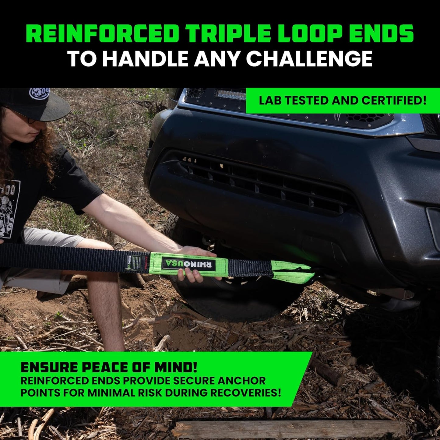 Rhino USA Recovery Tow Strap (3" x 30') - 31,518lb Break Strength - Emergency Recovery Strap Tow Rope for Truck, UTV, ATV & More - Heavy Duty Towing Strap for Offroad 4x4 Use - Compatible with Jeep