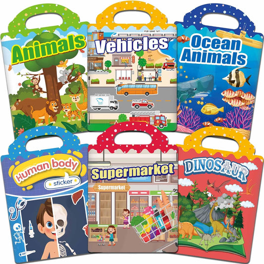 6 Sets Reusable Sticker Books for Toddlers 1-3, Jelly Sticker Books for Toddlers 2-4 Years, Toddler Travel Toys for Kids 2 3 4 Year Old Girls Boys