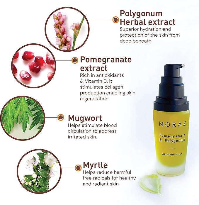 Moraz Skin Booster Vitamin C Face Serum with Pomegranate Extract, Polygonum, Myrtle, Mugwort, Jojoba Oil & Vitamin E – SLS & Paraben Free Anti Aging Serum – Antioxidant Glow Serum for Face, 1.1 Fl Oz