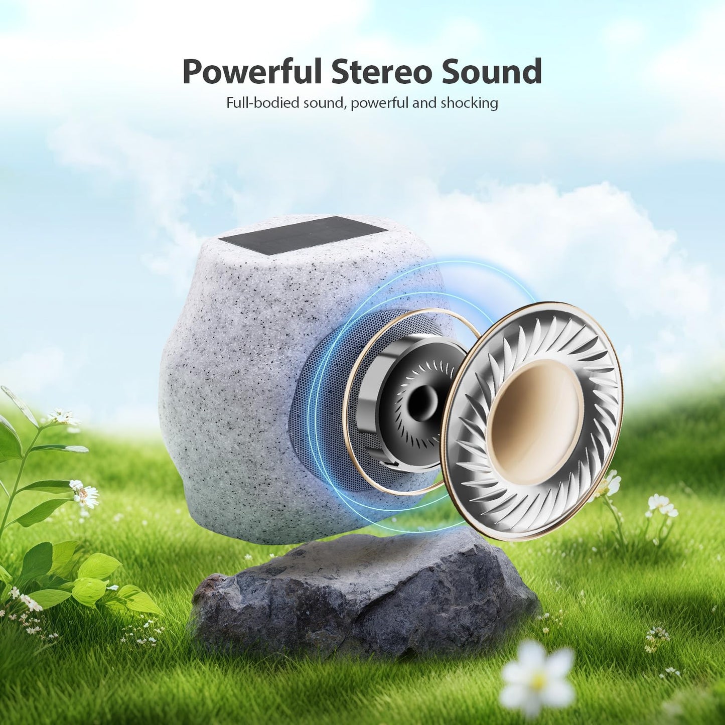 Reatsoc Outdoor Solar Rock Bluetooth Speakers with Colorful Lights, Deep Bass IPX4 Waterproof Speaker, Solar-Powered, TWS Paring, Perfect for Pool Garden and Outdoor Activities - Marble 2 Pack