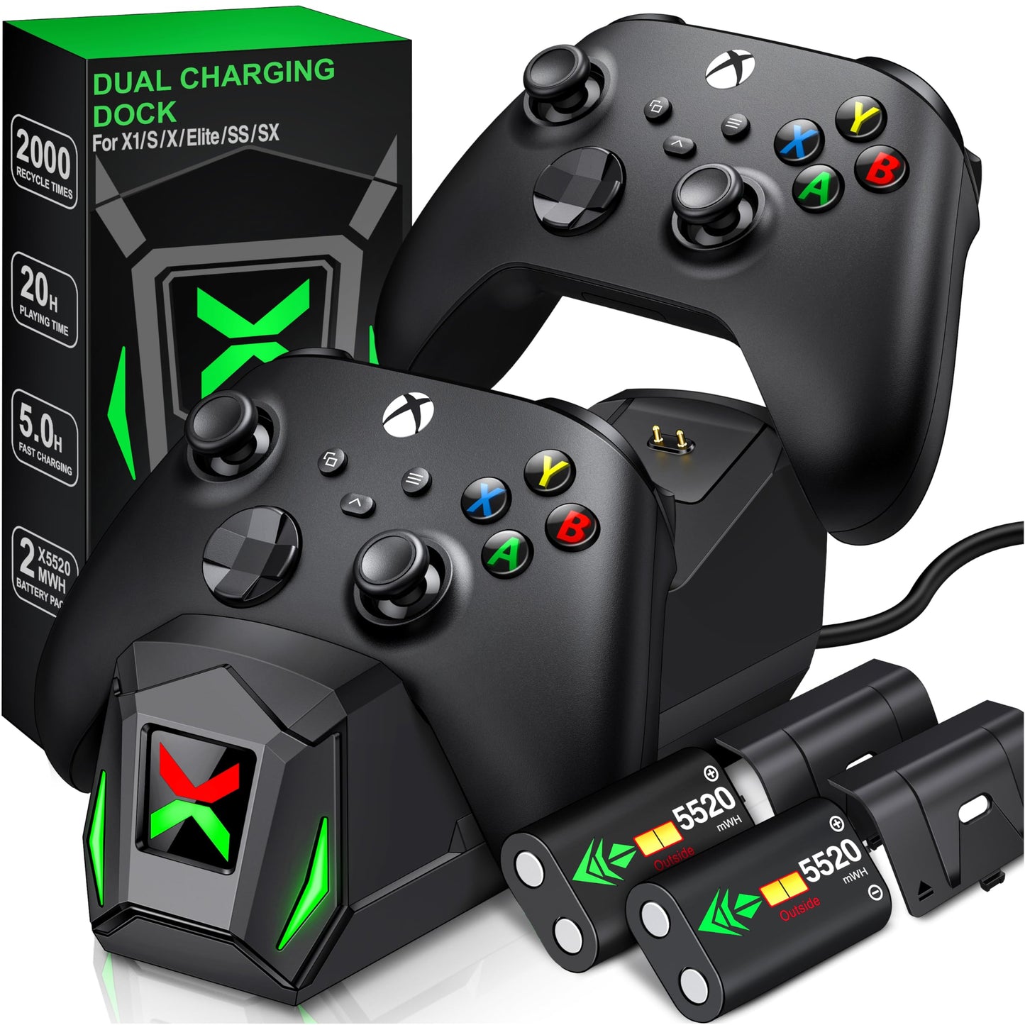 Upgraded Controller Charger Station with 2x5520mWh Rechargeable Battery Packs for Xbox One/Series X|S, Dual Charging Dock for Xbox One Battery Pack (Controller not Included)