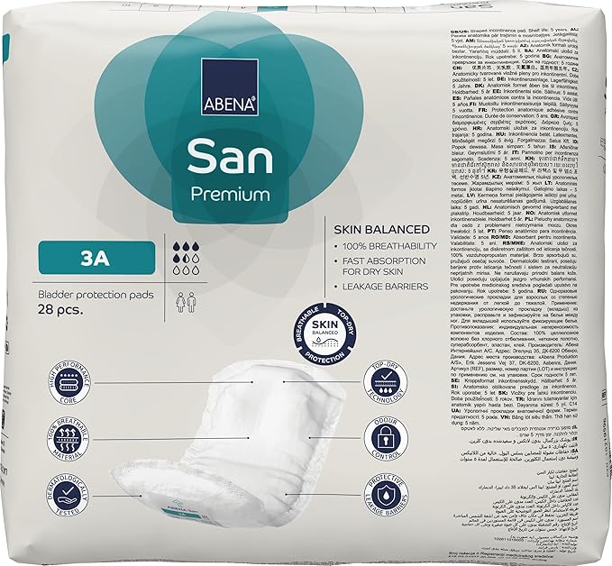 Abena San Premium Incontinence Pads, Light Absorbency, (Sizes 1 to 3A), Size 3A, (Pack of 7, 196 Count Total)