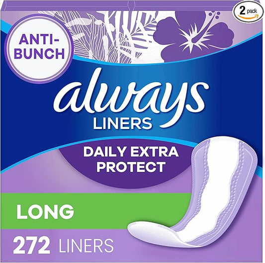 Always Anti-Bunch Xtra Protection Daily Liners, Long Length, Unscented, 136 Count x 2 (272 Count Total)
