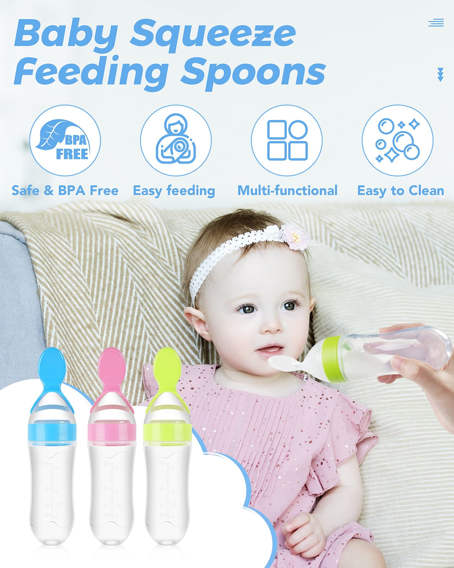3 Pack Baby Food Feeder, 3 Oz Silicone Baby Feeder, 3 Colors Food Dispensing Spoon, Squeeze Spoon for Boys Girl Kids Toddlers