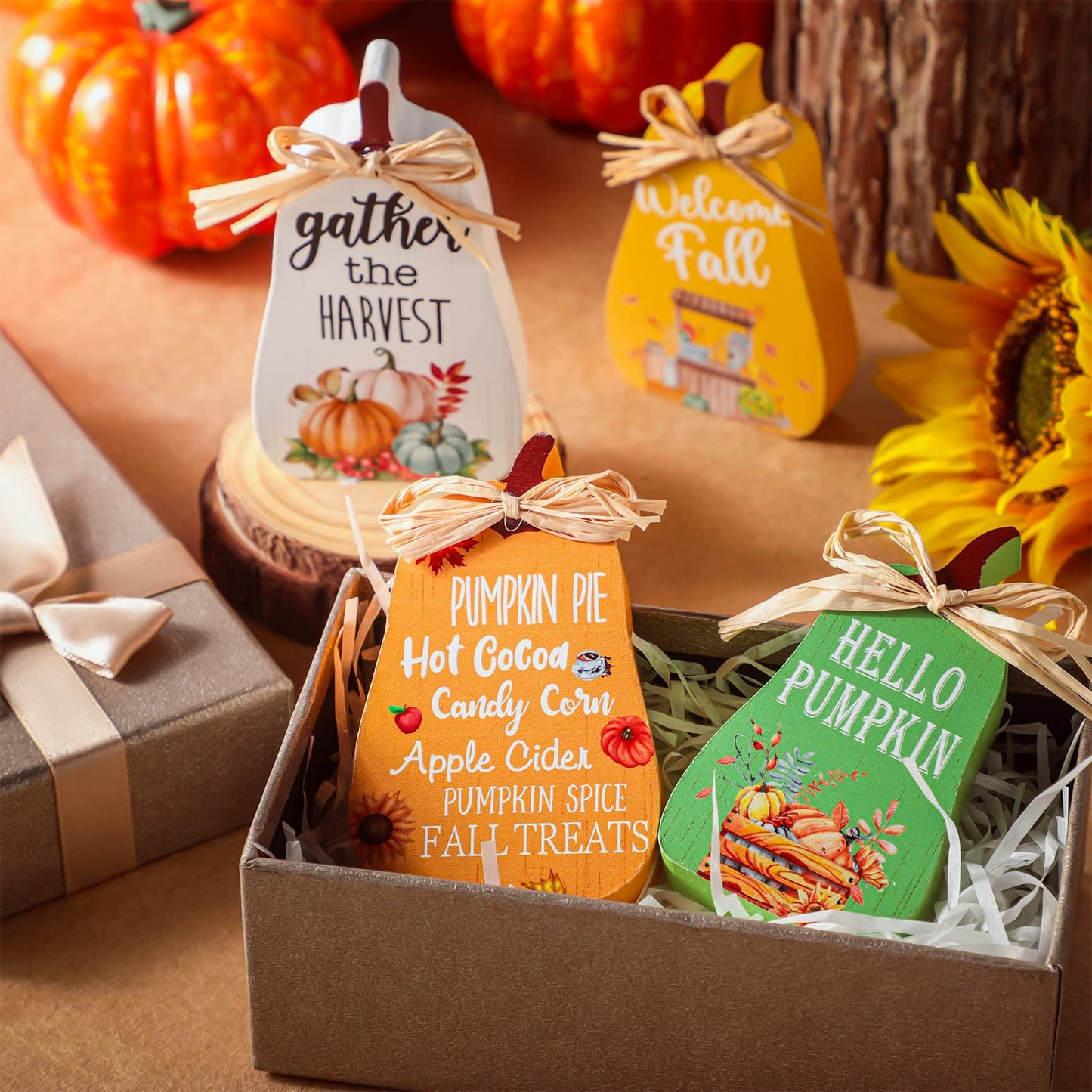 4 Pieces Fall Decorations Mini Tiered Tray Decor Thanksgiving Pumpkins Table Centerpiece Welcome Tabletop Sign Rustic Wood Kitchen Signs for Home Autumn