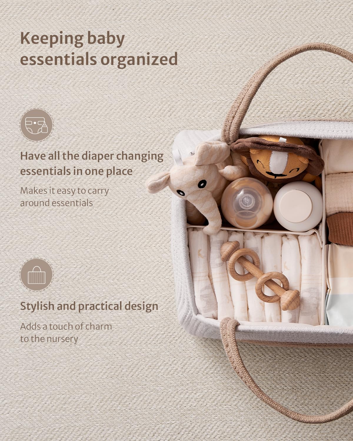Blissful Diary Baby Diaper Caddy Organizer, Cotton Rope Diaper Caddy Basket, Large Storage Basket for Newborn Boys and Girls, Gift for Baby Shower List, Newborn Essentials, Earthy Rainbow