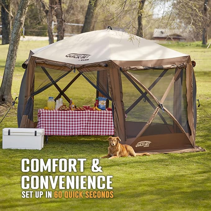 CLAM Pop Up Screen Tent, Outdoor Camping Gazebo Canopy, Pavilion, 12.5', Brown - Heavy-Duty Portable Screened Shelter with Netting for Beach, Patio, and Backyard