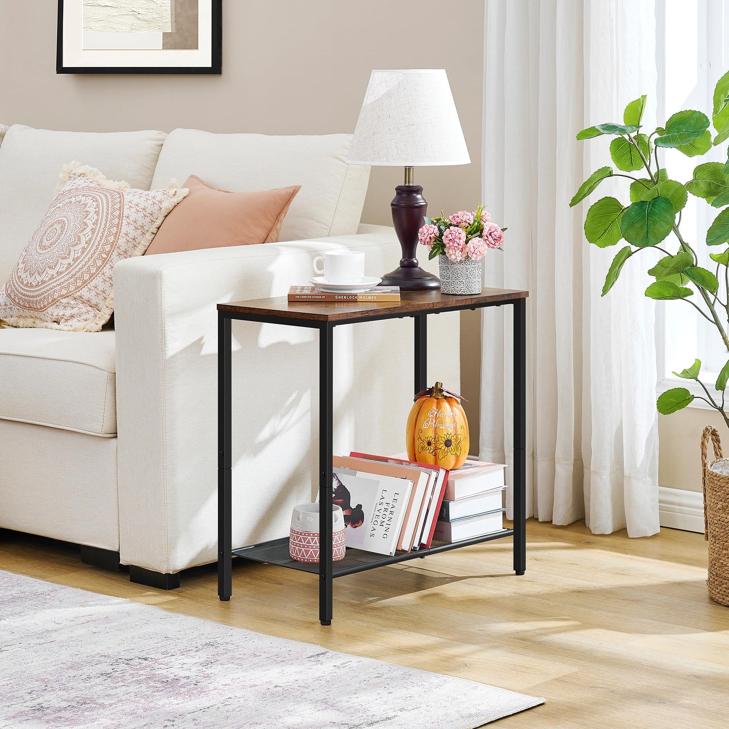 Hoctieon 2 Tier End Table, Sofa Side Table, Narrow Side Table with Storage, Slim Nightstand for Small Spaces, Metal Frame, for Living Room, Bedroom, Sofa Couch, Hall, Rustic Brown