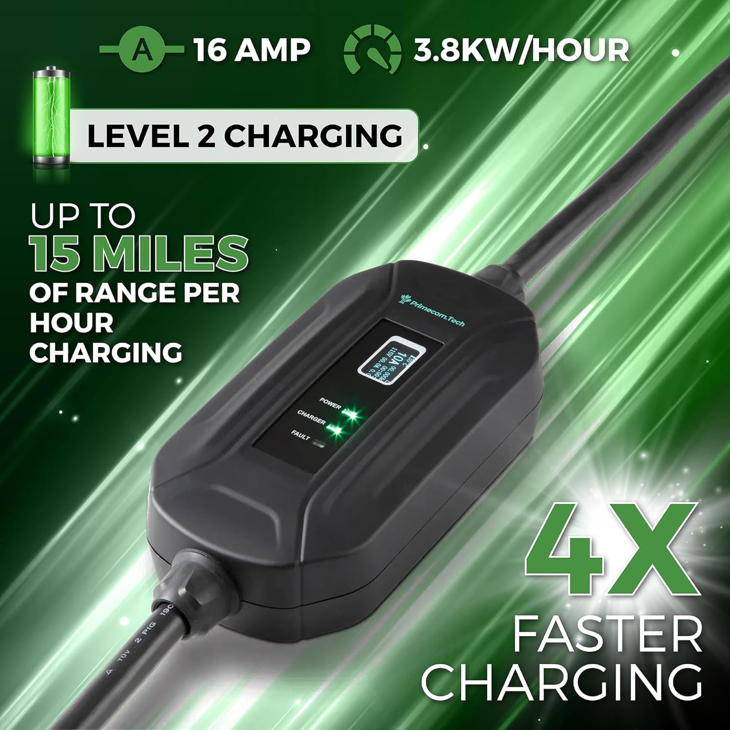 PRIMECOM Level 2 EV Charger 220/240V, 16A, 30ft & 50ft, Portable EVSE Electric Vehicle Charging Cable Compatible with Bolt Volt Leaf BMW i3 Fiat 500e Clarity NIRO Prius (30 Feet, 14-30P)