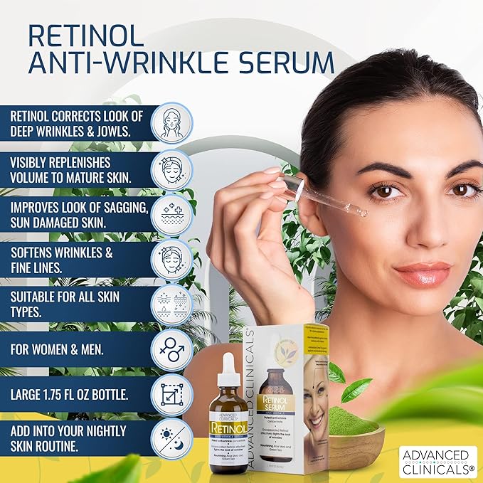 Advanced Clinicals Retinol Serum For Face | Visible Anti Aging Retinol Serum Skin Care Face Moisturizer With Vitamin E Helps Improve Look Of Wrinkles, Fine Lines, & Uneven Skin Tone, 2-Pack