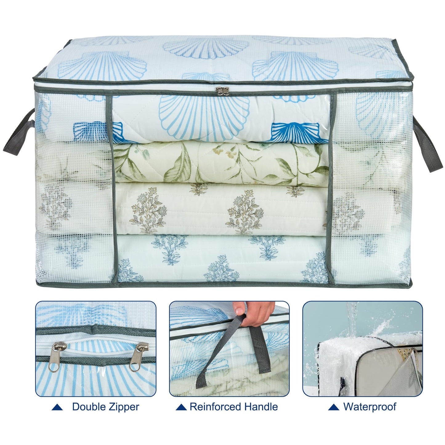 MKOKYD 80L Clear Large Storage Bag, Clothes Storage Containers for Organizing Closet, Bedroom, Underbed, Comforters, Clothing, Blankets, Pillow, Foldable Organizer with Sturdy Handle and Zippers (3)