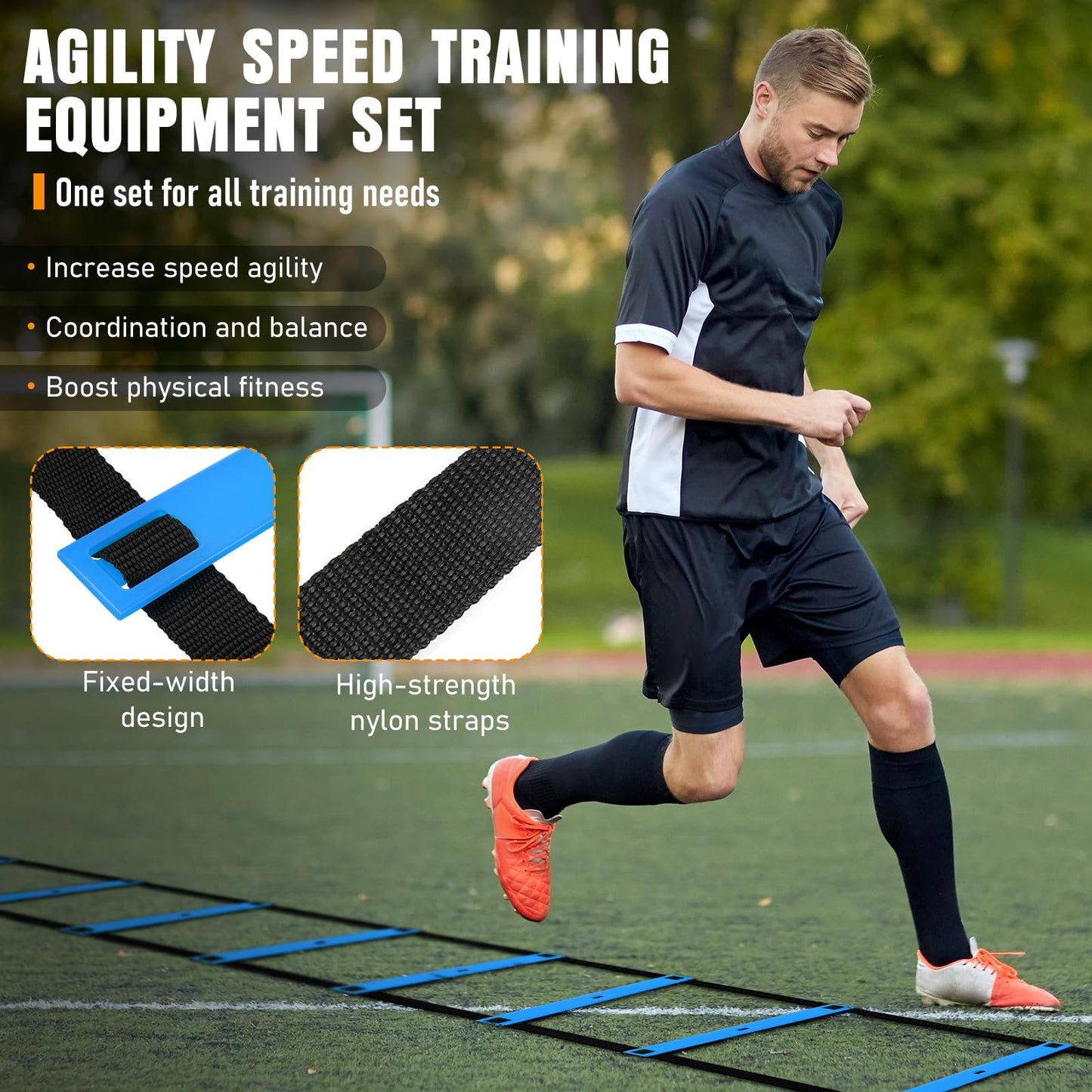 MUROZA Agility Ladder Speed Training Equipment Set-20ft Agility Ladder,12 Soccer Cones,4 Hurdles, Jump Rope, Running Parachute, Basketball Football Soccer Training Equipment for Kids, Youth, Adults