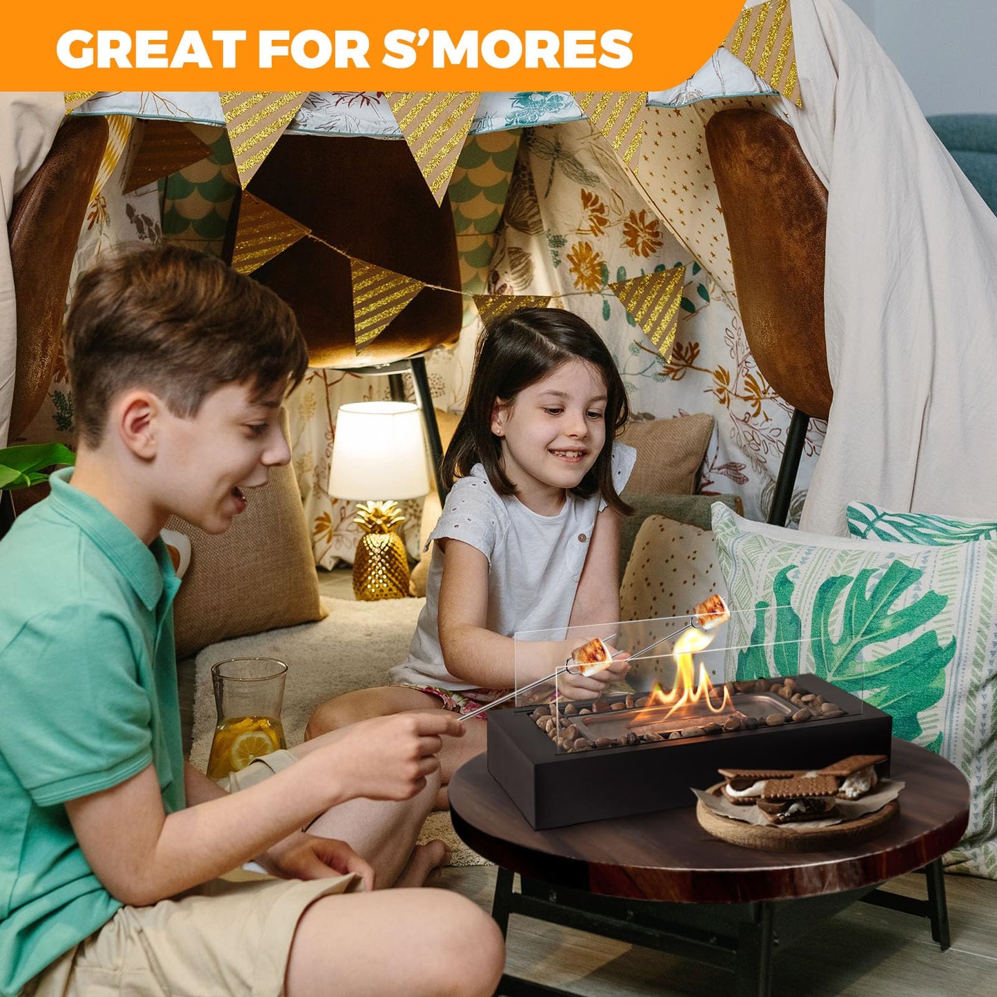 Smores Maker Kit - US Patent Design - Portable Tabletop Flame with Stones Decorated for Movie Nights, Yard, Gift for Home Decor, Housewarming, Parties and Weddings (Gel was not Included)