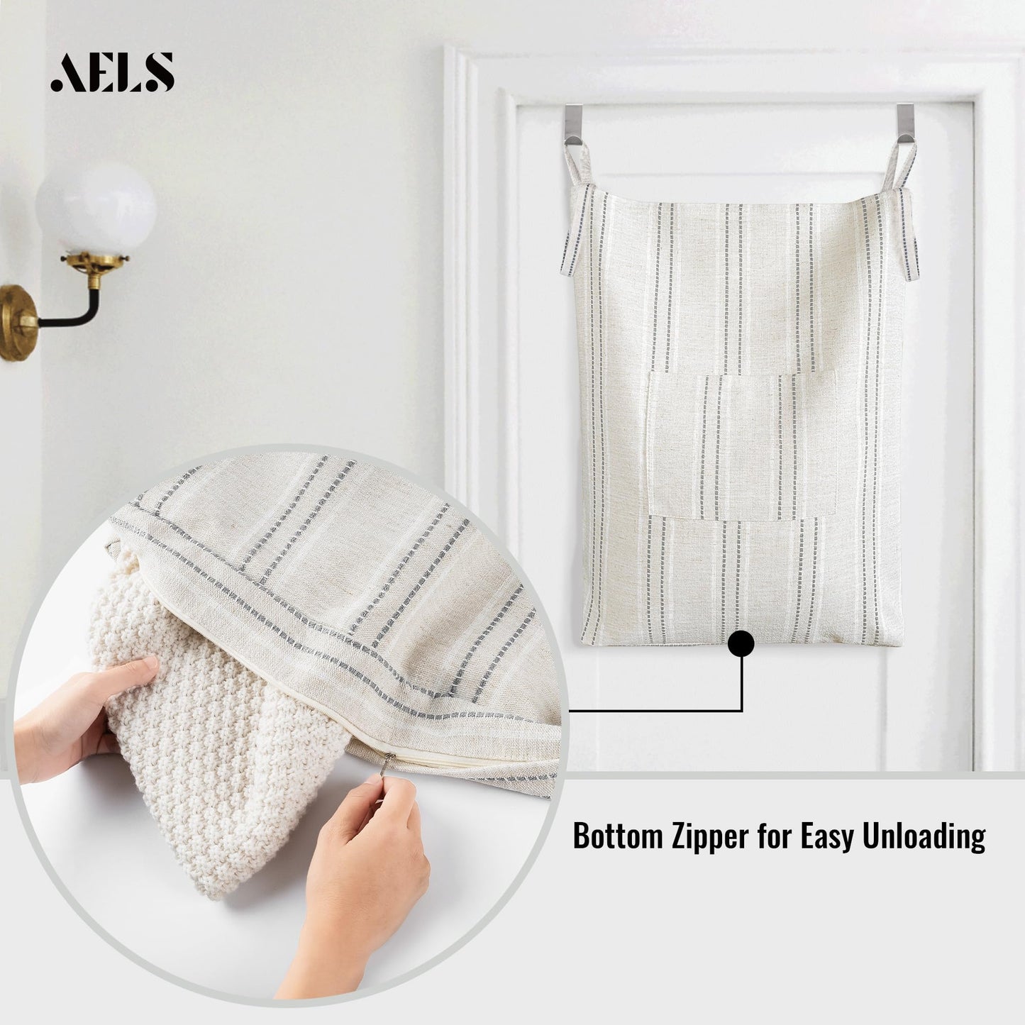 AELS Farmhouse Hanging Laundry Hamper with 2 Hooks, Boho Beige & Gray Stripes Laundry Bag with Zipper & Wide Open Top, Over the Door Organizer for Dirty Clothes, Washable Space Saving Storage