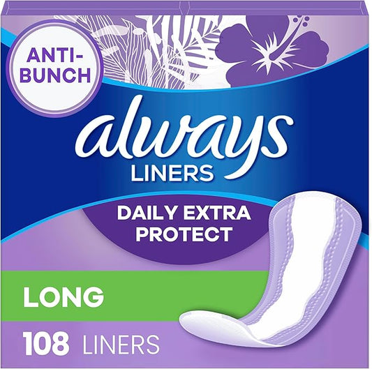 Always Anti-Bunch Xtra Protection Daily Liners Long Unscented, Anti Bunch Helps You Feel Comfortable, 108 Count (Packaging May Vary)