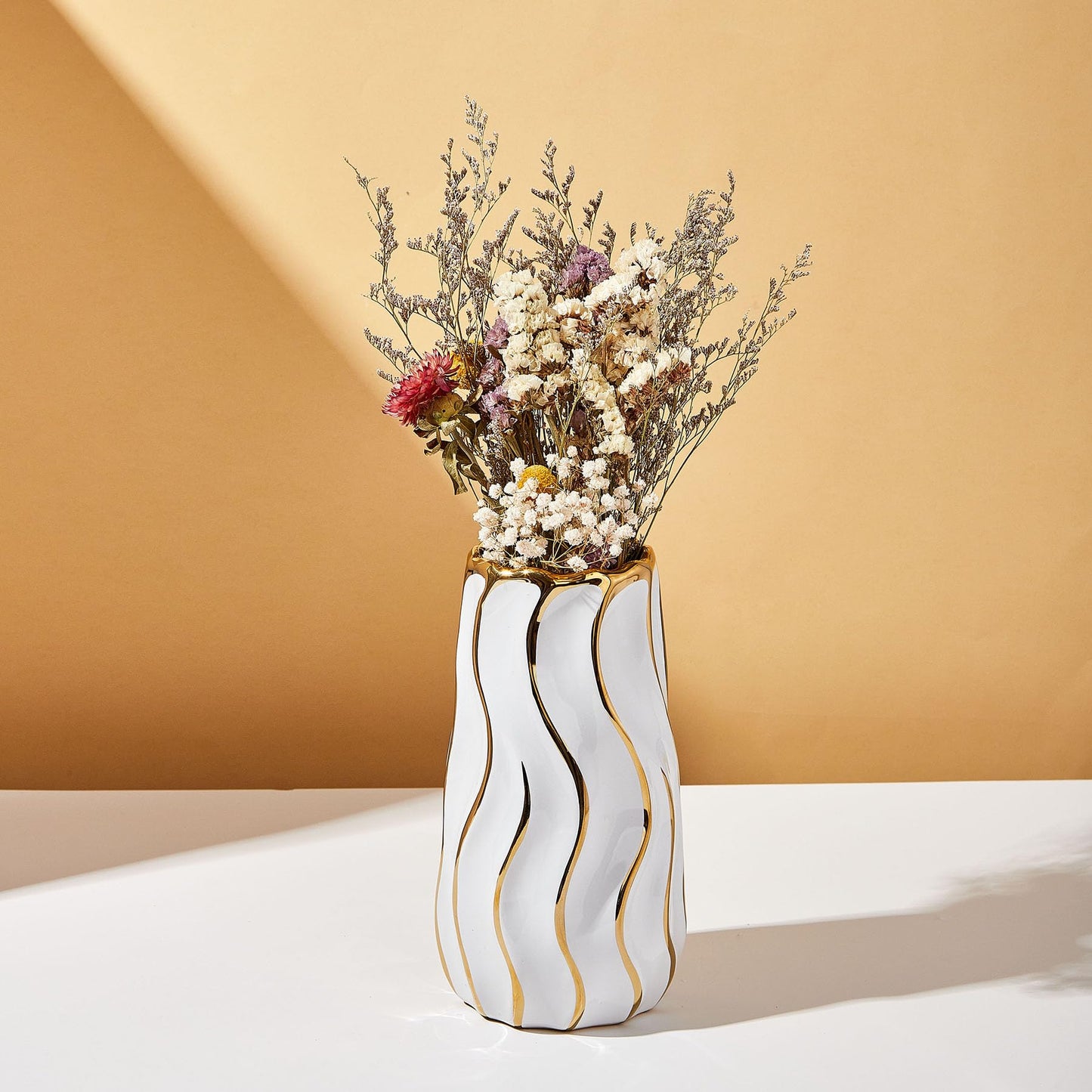 OTARTU Ceramic Vase, White Vase for Home Decor,Decorative Flower Vase, Vertical Stripe Ceramic Vases for Home Décor, Bedroom, Office, Living Room, Bathroom, Tabletop Decor, Centerpiece (White)